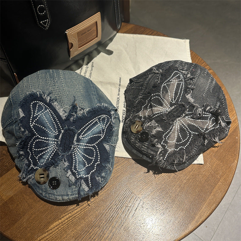 Y2K Rhinestone Butterfly Distressed Denim Newsboy Cap Streetwear Beret