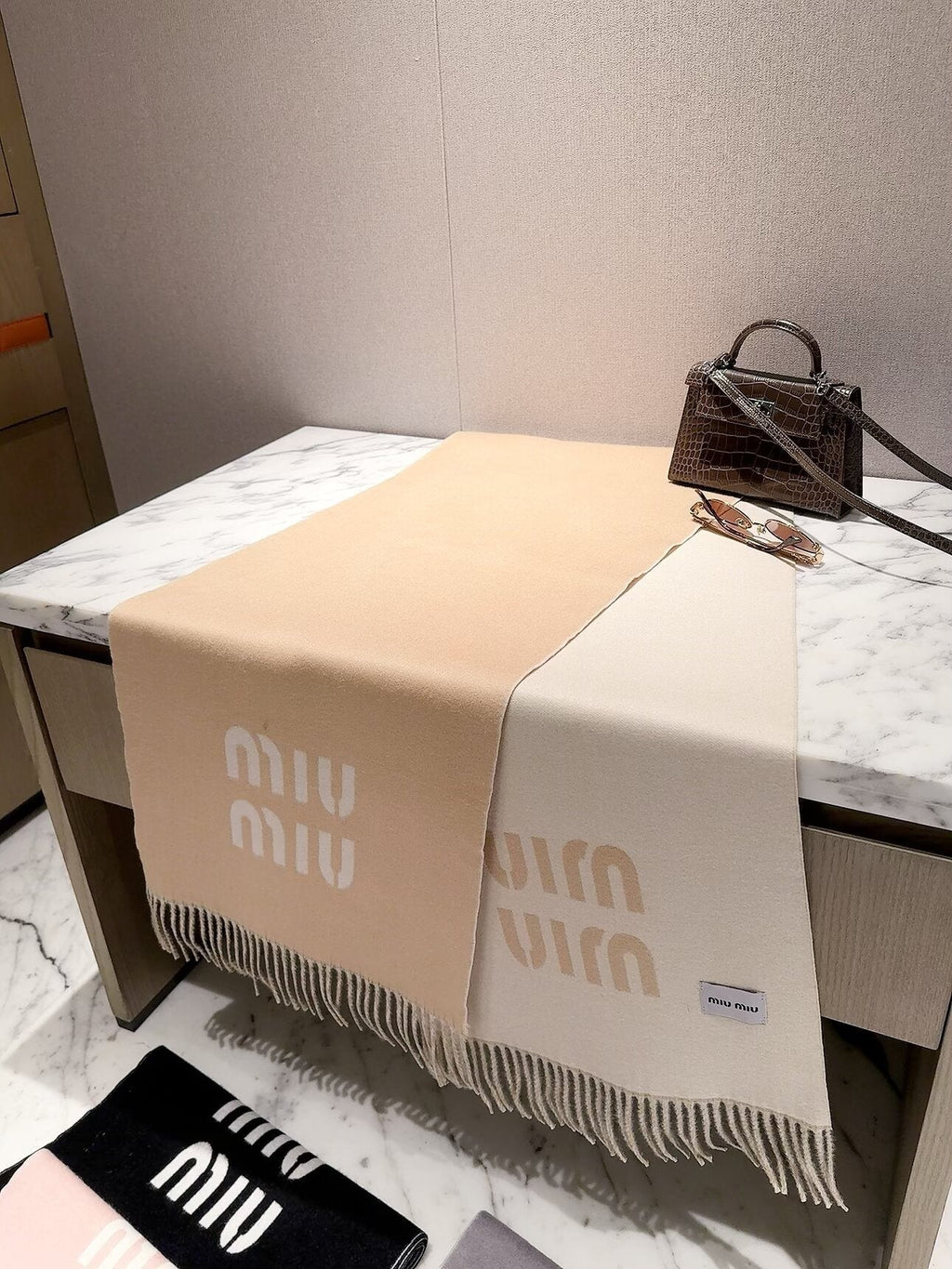 Miu Miu Style Oversized Logo Fringe Scarf